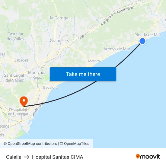 Calella to Hospital Sanitas CIMA map