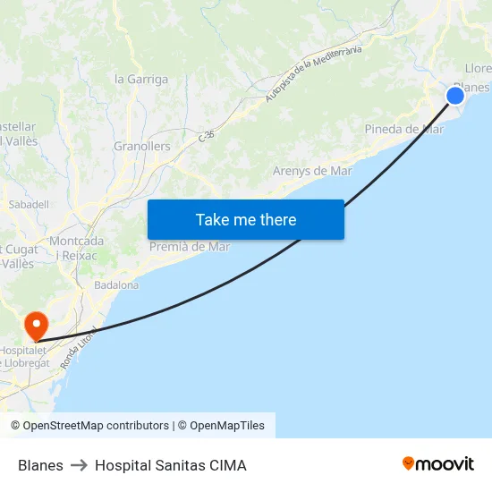 Blanes to Hospital Sanitas CIMA map