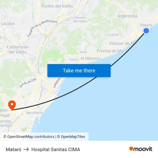 Mataró to Hospital Sanitas CIMA map