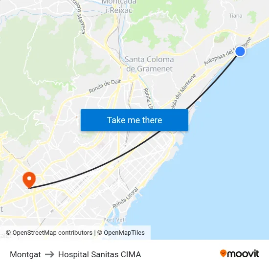 Montgat to Hospital Sanitas CIMA map