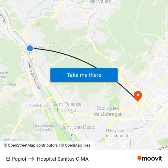 El Papiol to Hospital Sanitas CIMA map