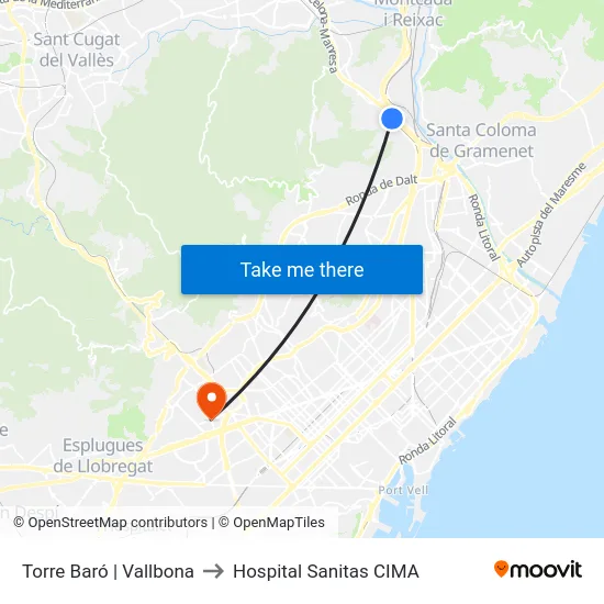 Torre Baró | Vallbona to Hospital Sanitas CIMA map