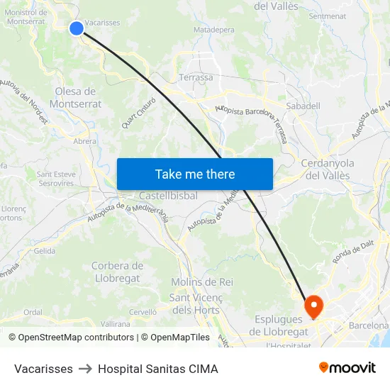 Vacarisses to Hospital Sanitas CIMA map