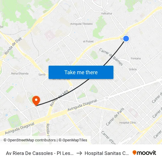 Av Riera De Cassoles - Pl Lesseps to Hospital Sanitas CIMA map
