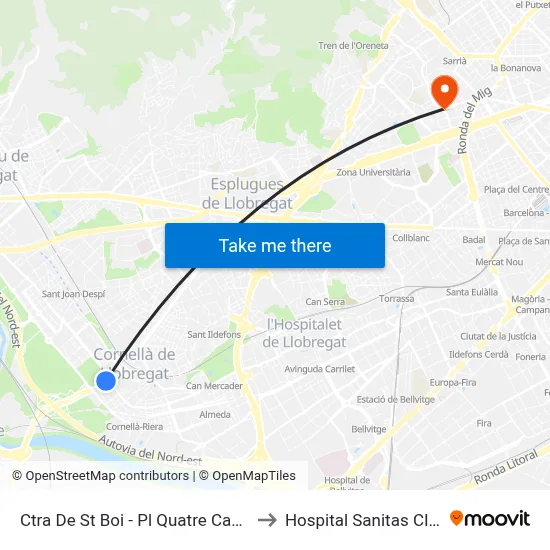 Ctra De St Boi - Pl Quatre Camins to Hospital Sanitas CIMA map