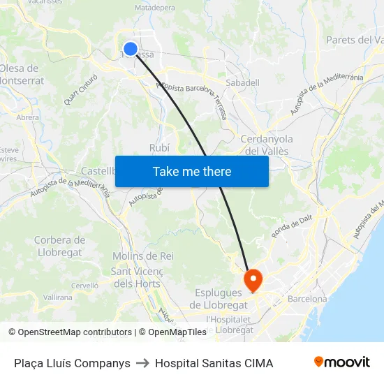 Plaça Lluís Companys to Hospital Sanitas CIMA map