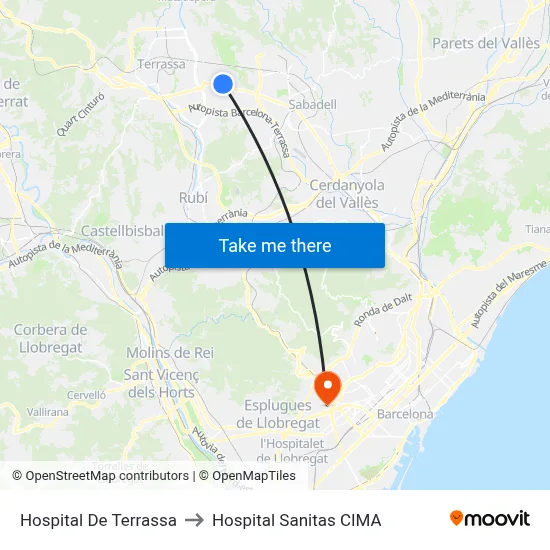 Hospital De Terrassa to Hospital Sanitas CIMA map