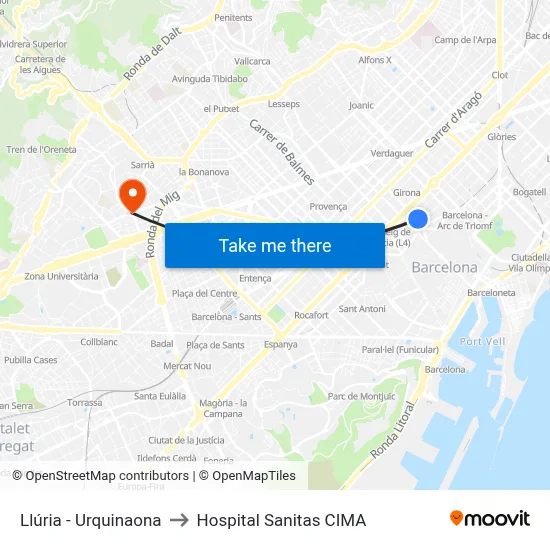 Llúria - Urquinaona to Hospital Sanitas CIMA map