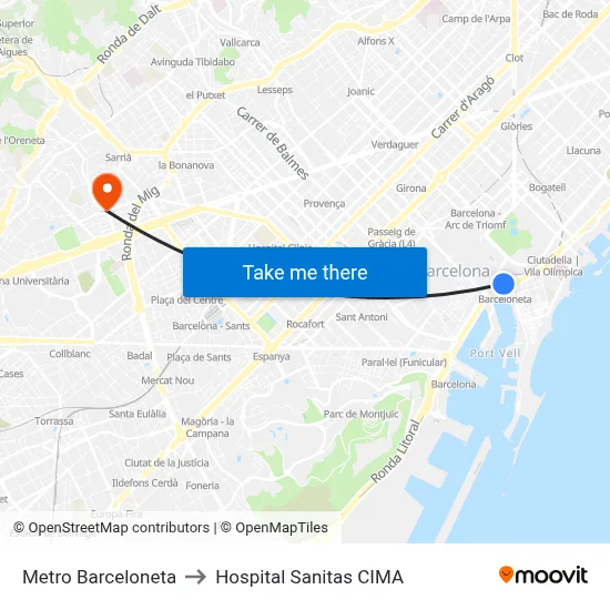 Metro Barceloneta to Hospital Sanitas CIMA map