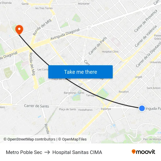 Metro Poble Sec to Hospital Sanitas CIMA map