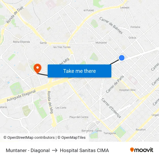 Muntaner - Diagonal to Hospital Sanitas CIMA map