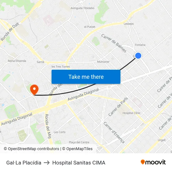 Gal·La Placídia to Hospital Sanitas CIMA map