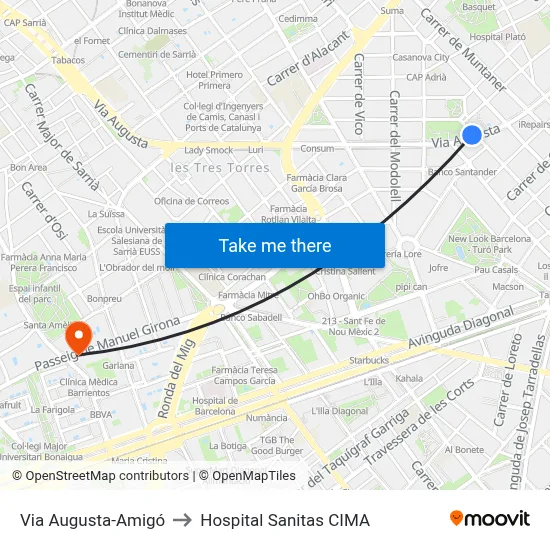 Via Augusta-Amigó to Hospital Sanitas CIMA map