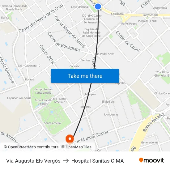 Via Augusta-Els Vergós to Hospital Sanitas CIMA map