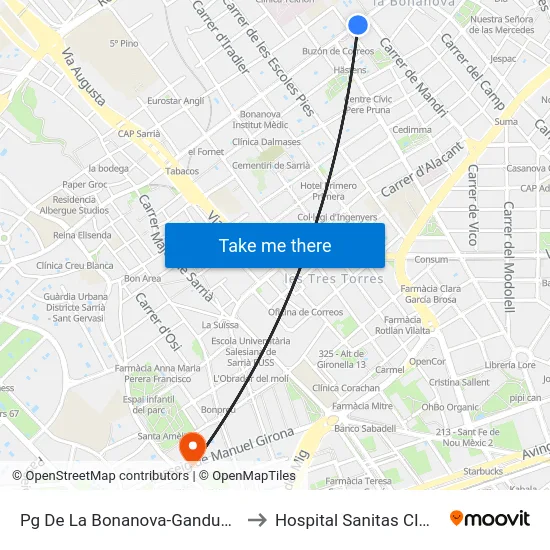Pg De La Bonanova-Ganduxer to Hospital Sanitas CIMA map