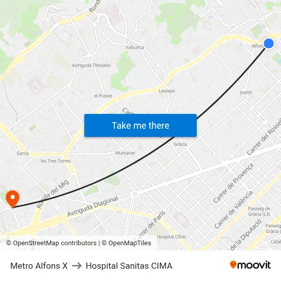 Metro Alfons X to Hospital Sanitas CIMA map