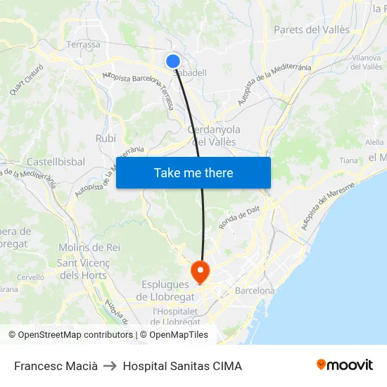 Francesc Macià to Hospital Sanitas CIMA map
