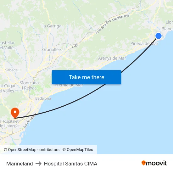 Marineland to Hospital Sanitas CIMA map