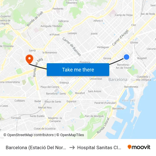 Barcelona (Estació Del Nord) to Hospital Sanitas CIMA map