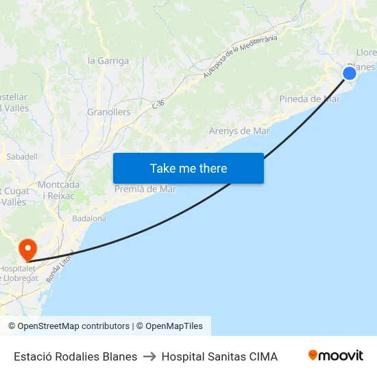 Estació Rodalies Blanes to Hospital Sanitas CIMA map