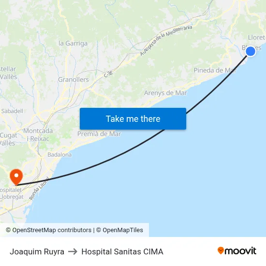 Joaquim Ruyra to Hospital Sanitas CIMA map