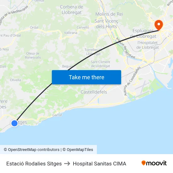 Estació Rodalies Sitges to Hospital Sanitas CIMA map