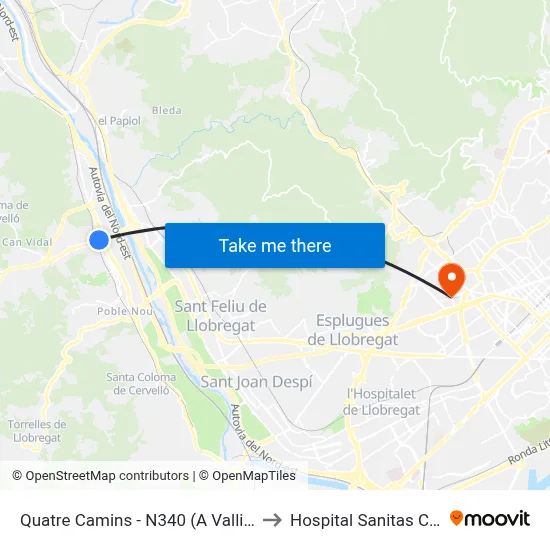 Quatre Camins - N340 (A Vallirana) to Hospital Sanitas CIMA map