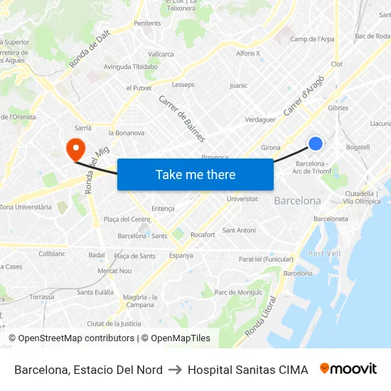 Barcelona, Estacio Del Nord to Hospital Sanitas CIMA map