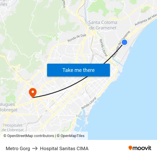 Metro Gorg to Hospital Sanitas CIMA map