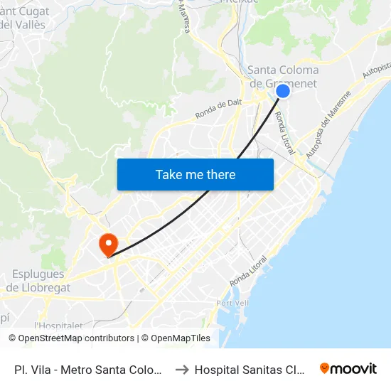 Pl. Vila - Metro Santa Coloma to Hospital Sanitas CIMA map