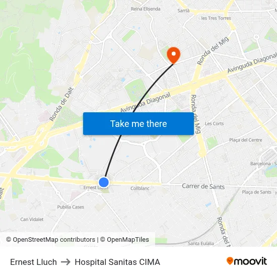 Ernest Lluch to Hospital Sanitas CIMA map
