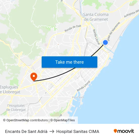 Encants De Sant Adrià to Hospital Sanitas CIMA map
