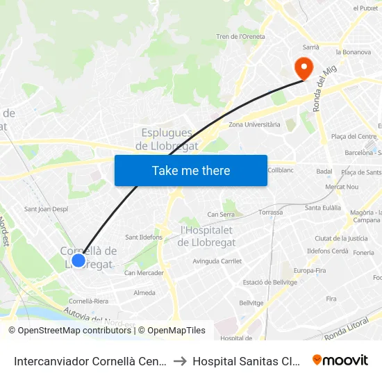 Intercanviador Cornellà Centre to Hospital Sanitas CIMA map