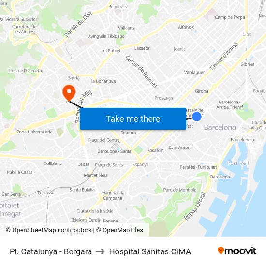 Pl. Catalunya - Bergara to Hospital Sanitas CIMA map