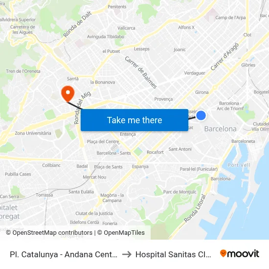 Pl. Catalunya - Andana Central to Hospital Sanitas CIMA map