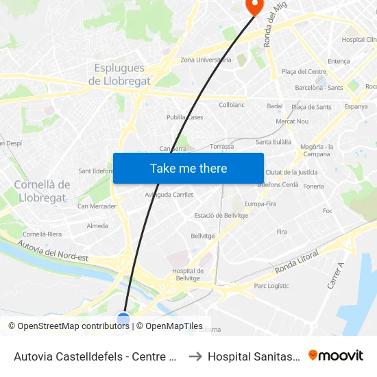 Autovia Castelldefels - Centre Comercial to Hospital Sanitas CIMA map