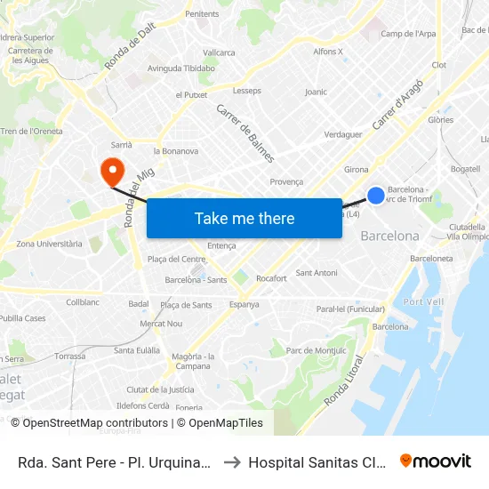 Rda. Sant Pere - Pl. Urquinaona to Hospital Sanitas CIMA map
