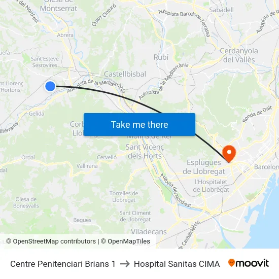 Centre Penitenciari Brians 1 to Hospital Sanitas CIMA map