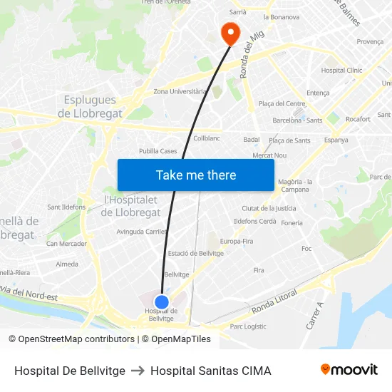 Hospital De Bellvitge to Hospital Sanitas CIMA map