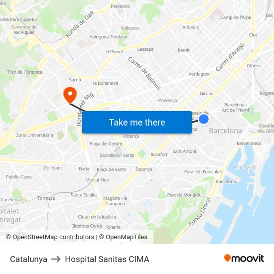 Catalunya to Hospital Sanitas CIMA map