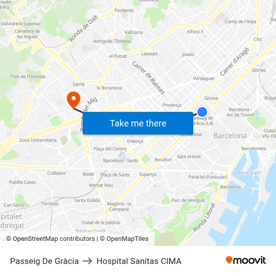 Passeig De Gràcia to Hospital Sanitas CIMA map