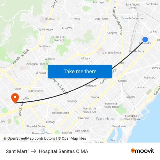 Sant Martí to Hospital Sanitas CIMA map