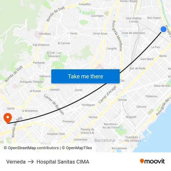 Verneda to Hospital Sanitas CIMA map