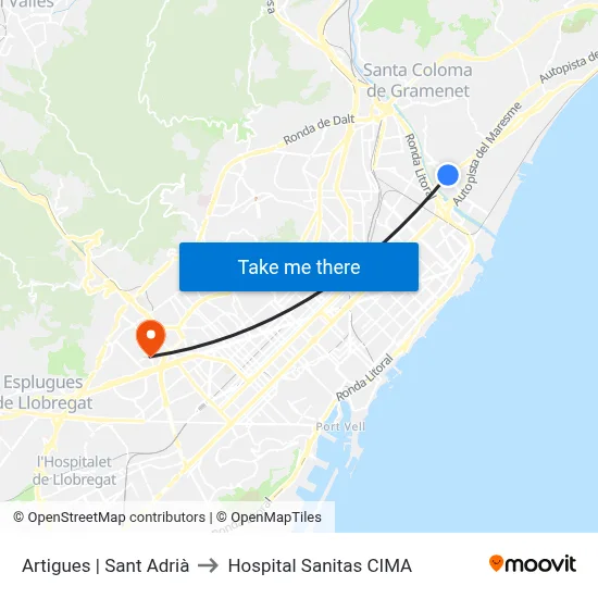 Artigues | Sant Adrià to Hospital Sanitas CIMA map
