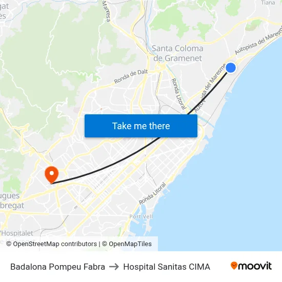 Badalona Pompeu Fabra to Hospital Sanitas CIMA map