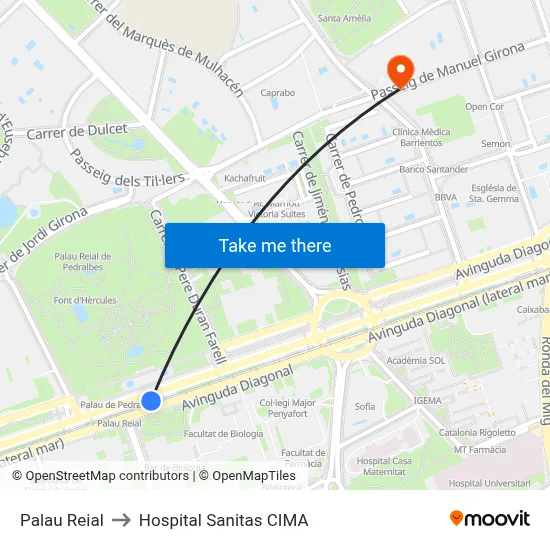 Palau Reial to Hospital Sanitas CIMA map