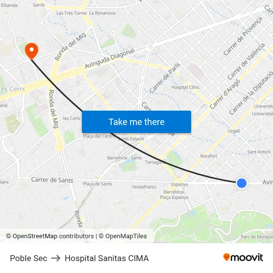 Poble Sec to Hospital Sanitas CIMA map
