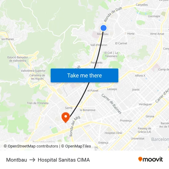 Montbau to Hospital Sanitas CIMA map