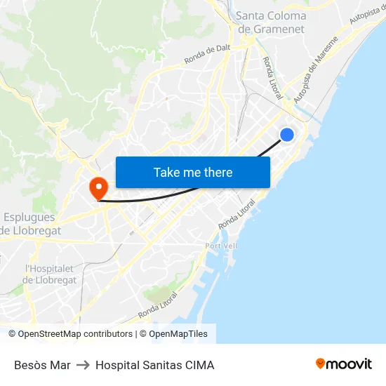 Besòs Mar to Hospital Sanitas CIMA map