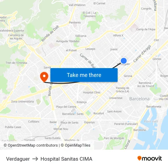 Verdaguer to Hospital Sanitas CIMA map